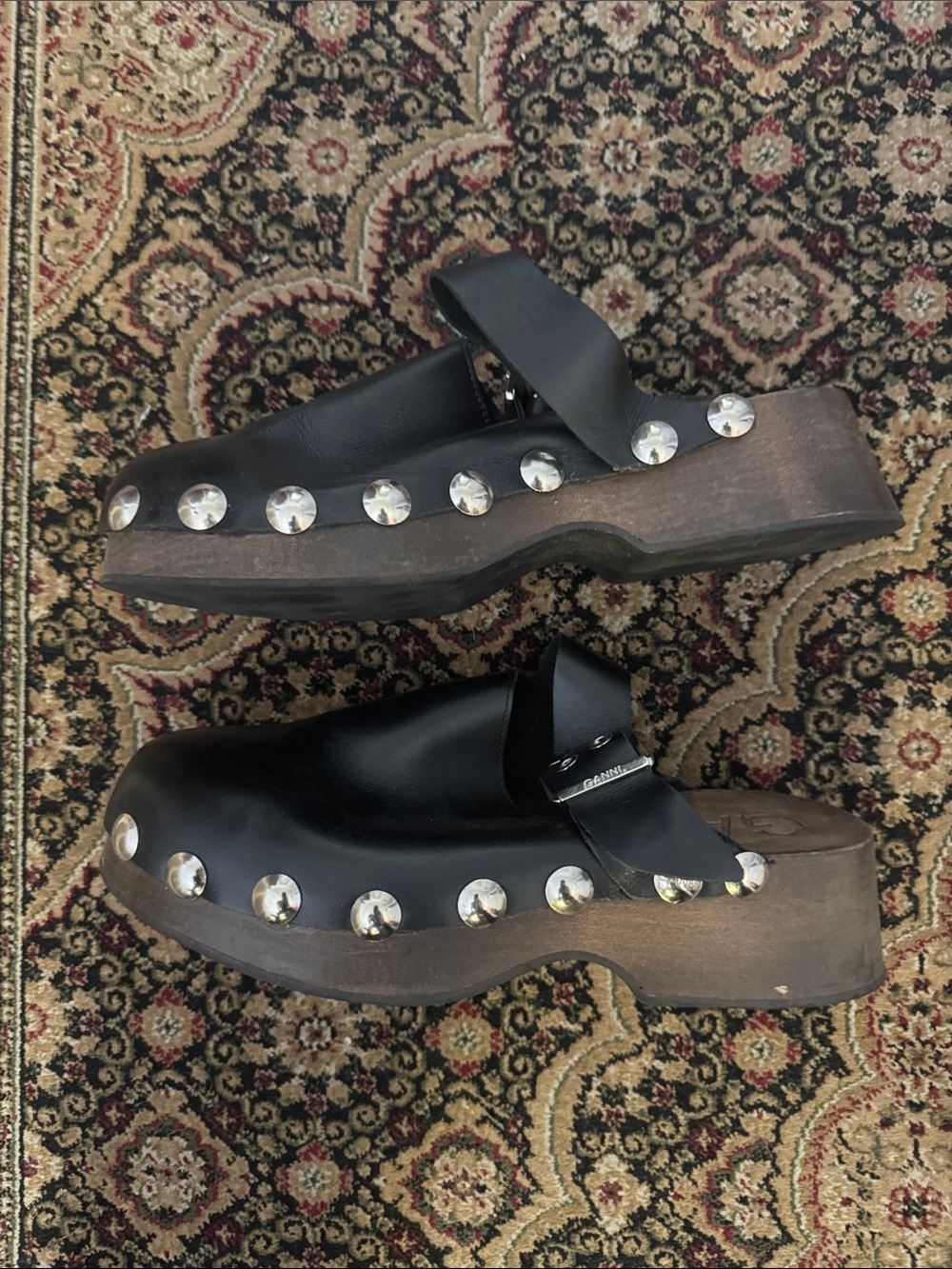Ganni Black Studded Leather Clog Sandals size 10